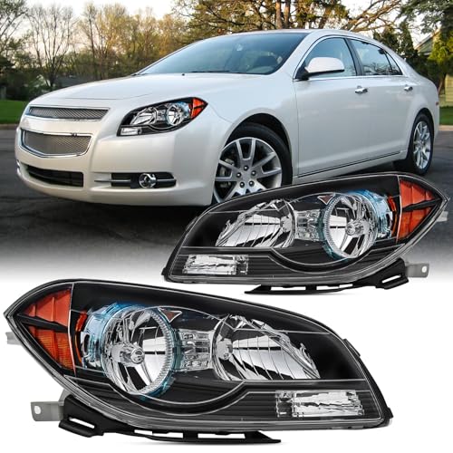 2PCS Headlight Assembly Set For 2008 2009 2010 2011 2012 Chevy Malibu LT LS LTZ Hybrid Sedan Replacement Headlamps Black Housing Amber Reflector Driver and Passenger side GM2502307 GM2503307