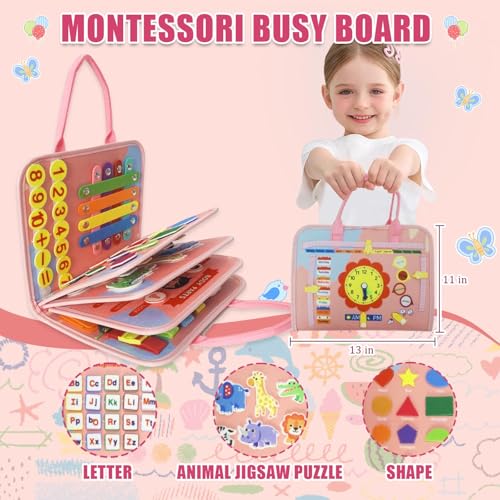 Image of Busy Board for Toddlers, Montessori Sensory Toy with Fine Motor Activities, Travel Activity Book for Airplane and Car, Educational Learning Gift for Boys and Girls