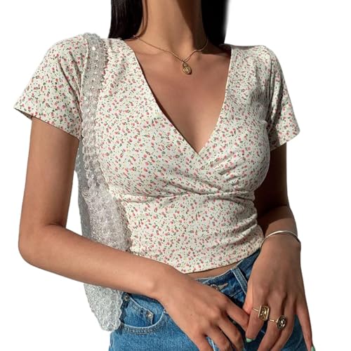 EMOTTOS Mujeres Sexy Floral Tops, Y2K Slim Fit V-Cuello Cruzado Wrap Camisas, Suave Crop Top Camisa Cuello en V Profundo, Moda Skinny Y2K tee Shirt(Black/White,S/M/L)