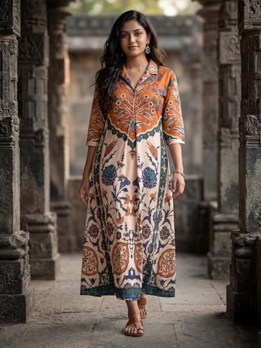 Image of HELLCAT Floral Brown Women Dress|New Trending Dress for Women|Western 3 /4 Sleeve A-line