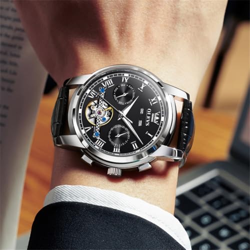 Image of OLEVS Mechanical Dress Mens Watches Square Brown Leather Strap Moon Phase Skeleton Tourbillion Day Date Waterproof Luminous Men's Wrist Watches