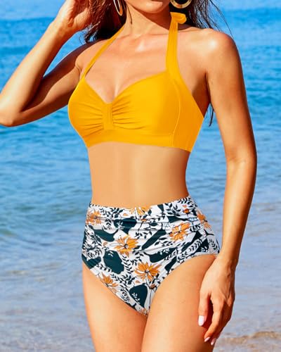 Image of Holipick Women High Waisted Bikini Set Two Piece Swimsuit Tummy Control Bathing Suit Vintage Halter Swimwear