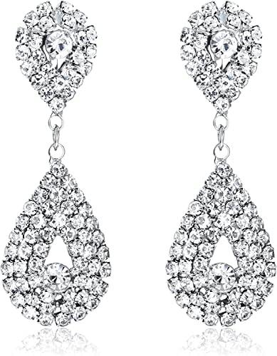 Adramata Rhinestone Clip on Earrings for Women Elegant Crystal Long Drop Dangle Tassel Clip On Earrings Chandelier Statement Earrings for Women