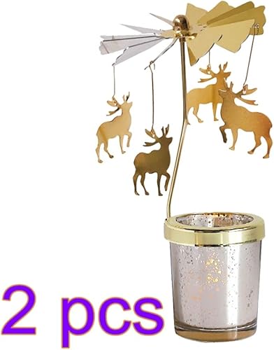 Miniatura 8 de Candelabro giratorio de Navidad Carrusel giratorio de té de luz dorada (2 piezas cervatillo) 2 piezas cervatillo,1 pieza de copo de nieve dorado,2