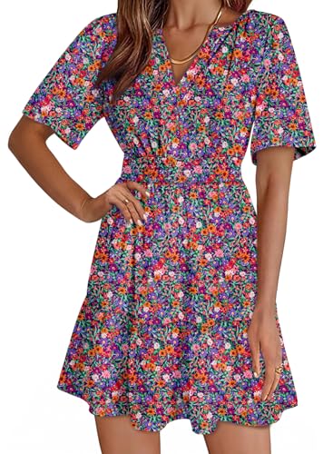 Image of Dokotoo Womens Summer Dresses 2026 Boho Floral Short Sleeve V Neck Smocked Waist Casual A-Line Swing Mini Dress Sundress