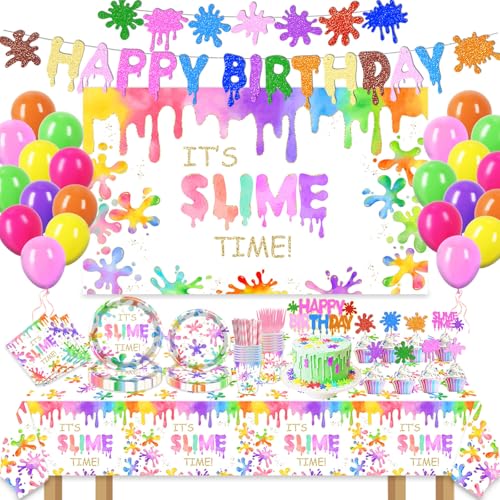 199 Pcs Slime Birthday Party Supplies Decorations - Colorful Its Slime Time Plates Napkins Cups Tableware Kit Tablecloth Backdrop Banner Cake Cupcake Toppers for Splatter Theme Girls Birthday Decor