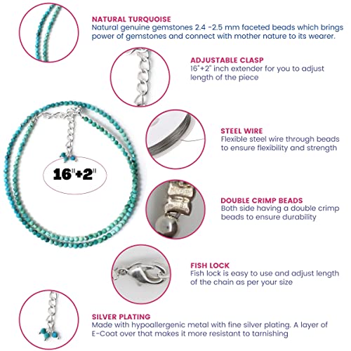 Gempires Genuine Turquoise Beads Choker Necklace For Women, Native American Beaded Necklace, Healing Stone Necklace, 2.4-2.5 Mm Faceted Beads With 16 + 2 Inch Adjustable Silver Plated Chain #TOP5