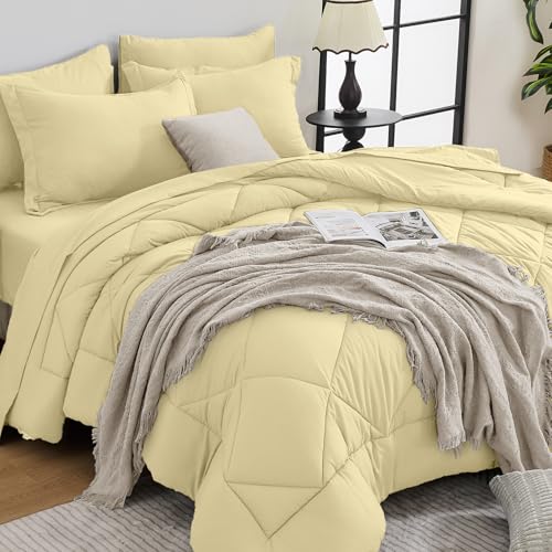 HEVUMYI Cream Yellow Cali-King Comforter Set - 7-Piece All Season Bed in a Bag Cali-King, Ultra Soft Bedding Set with Comforter, Flat Sheet, Fitted Sheet, Pillowcases, Pillow Shams
