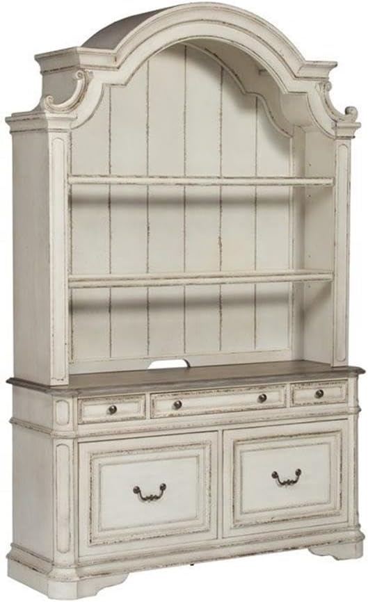 Liberty Furniture Magnolia Manor 3 Piece Desk, Credenza & Hutch Set for Home Office - Antique White & Weathered Bark