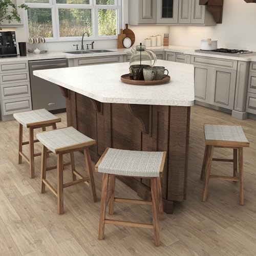 COSTWAY 25.5-inch Seaweed Woven Counter Height Kitchen Bar Stools, Set of 4, Rubber Wood & Acacia Frame