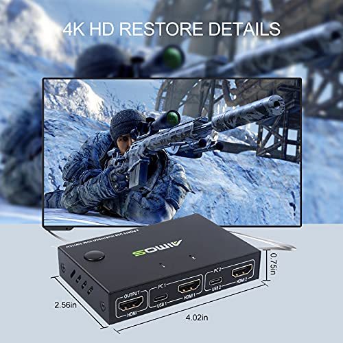 KVM Switch HDMI 2 porty, MLEEDA HDMI a USB přepínač se 4 USB 2.0 porty pro 2 počítače sdílet klávesnici, myš a 1 monitory, podporuje 4K@30 Hz, s HDMI a USB-C kabely