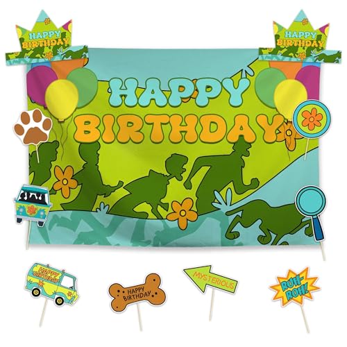 Allenjoy Cartoon Dog Detective Adventure Birthday Party Supplies Sets - 1pc 59" x 35" Backdrop, 2pcs Paper Headwear, 8pcs Photo Booth Props