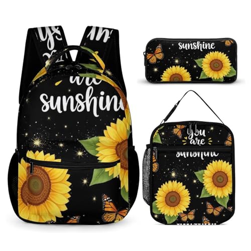 Backpack Book Bags with Lunch Box Storage Bag Backpack Set Daypack with Lunch Bag and Cosmetic Bags (Monarch Butterfly Sunflower (5))