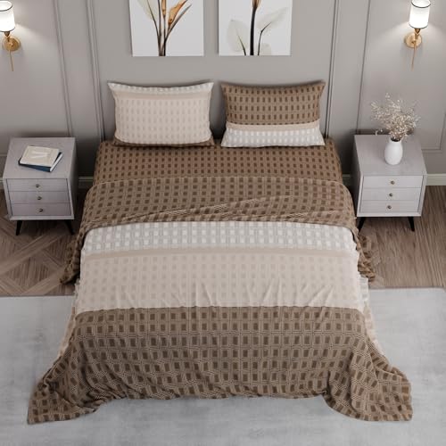 Image of BLISSHOME SoftTouch 150TC Cotton King Size Printed Bedsheet with 2 Pillow Covers for Double Bed, Silky Smooth Bedding Set, Breathable, Easy Maintain, Geometric Pattern - Brown (228cm X 274cm)