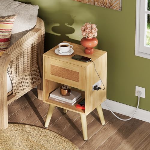 WLIVE Rattan Nightstand with Charging Station, Boho Night Stand, Small Bedroom Side Table, End Table with Drawer and Storage, Wood Bedside Tables for Bedroom, Small Spaces, Natural Oak - Image 7