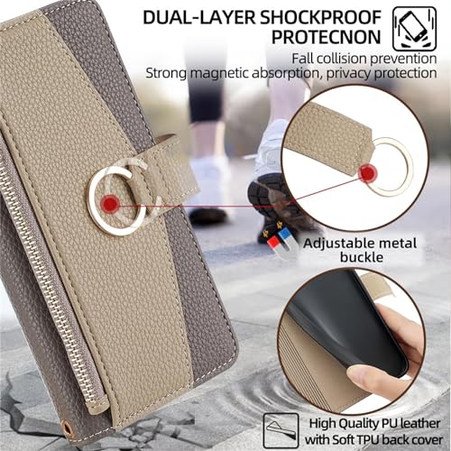 Housse en cuir PU souple iPhone 14 finition soignée grise avec rangement et bandoulière