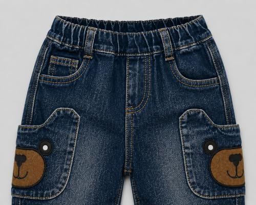 Image of A.T.U.N. (ALL THINGS UBER NICE) Baby Boys Stylish Denim Jeans Pant with Cute Keychain Charm | Soft Stretchable Fabric with Elastic Waistband | Comfortable Trendy Full Length Jeans for Infants
