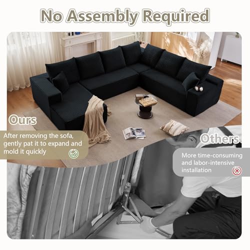 Image of Sectional Cloud Couch with L-Shape Chaise, Upholstered Corduroy Couches Stupendous U Shaped Sofas, Modern Modular Comfy Sofa with Deep Seat for Living Room Bedroom, No Assembly Required, Black