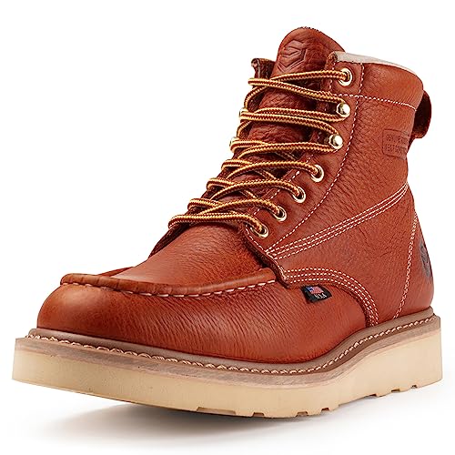 SUREWAY 6 in Mens Waterproof Soft Toe Work Boots for Men-Full Grain Leather,Goodyear,Non-Slip EH Safety Industial Construction Wedge Moc Toe Work Boots/Shoes,Waterproof Soft Toe Light Brown,Size 10.5