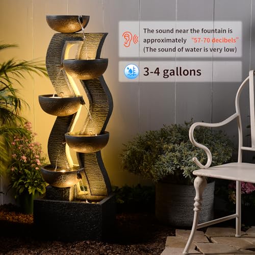52.8" Tall Outdoor Water Fountain with Lights, 6-Tier Cascading Resin Waterfall Feature for Porch, Garden, Yard, Deck, Patio – Large Freestanding Outdoor Fountain and Waterfall Outside Decor