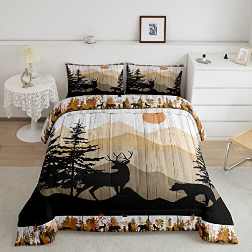 Erosebridal Deer Comforter Set Rustic Farmstyle Bedding Boys Girls Wild Animal Bear Print Duvet Set Vintage Barn Door Decor Quilts for Adult Teen Boy Exotic Elk Print Bedding King Size 3 Pcs