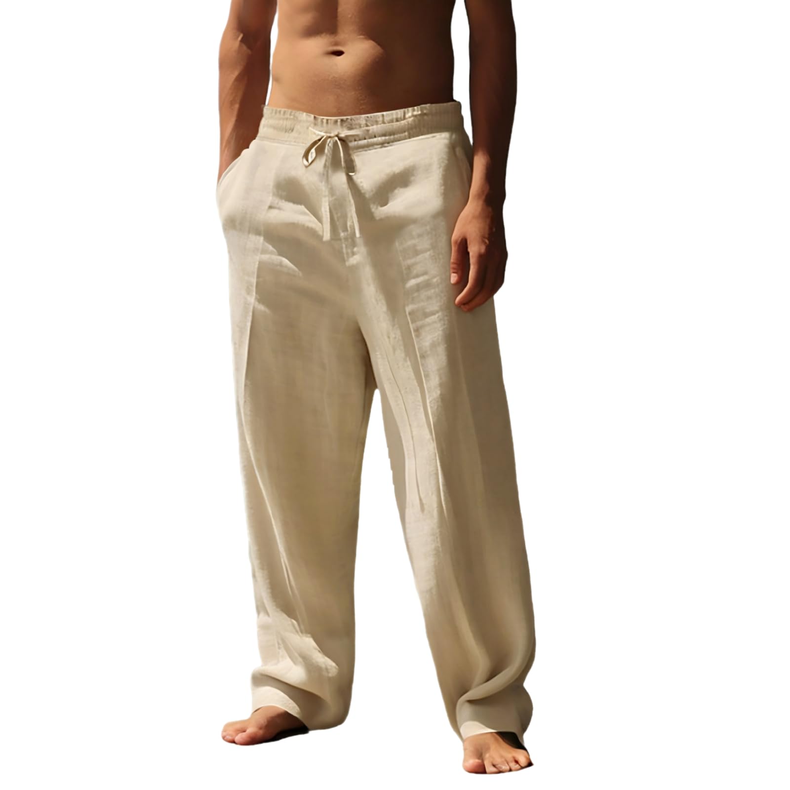 Mens Casual Linen Pants Drawstring Loose Fit Summer Beach Pants Lightweight Trousers with Pockets