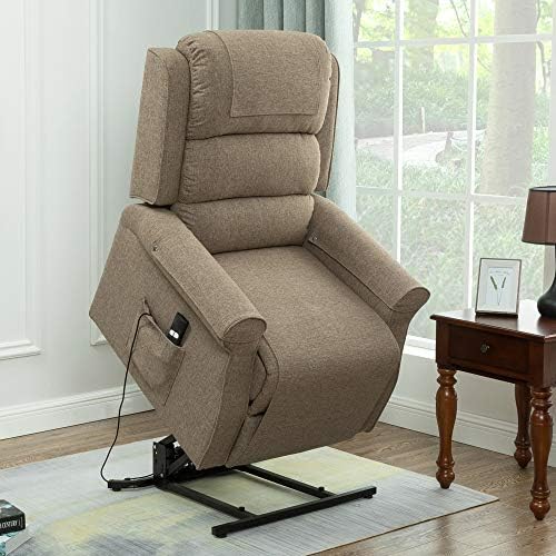 Lansen Furniture Electric Power Lift Recliner Chair Traditional Comfortable (Brushed) Linen Fabric Lounge for Elderly Gift Nursing Home Equipment (Light Brown)