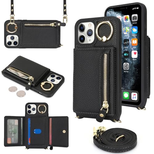 SunYoo for iPhone 11 Pro Crossbody Case with Card Holders Money Slots Zipper Coin Purse Rotatable Ring Kickstand Cover Wristlet Strap Lanyard Litchi Leather Wallet Flip Cover for iPhone 11Pro Black