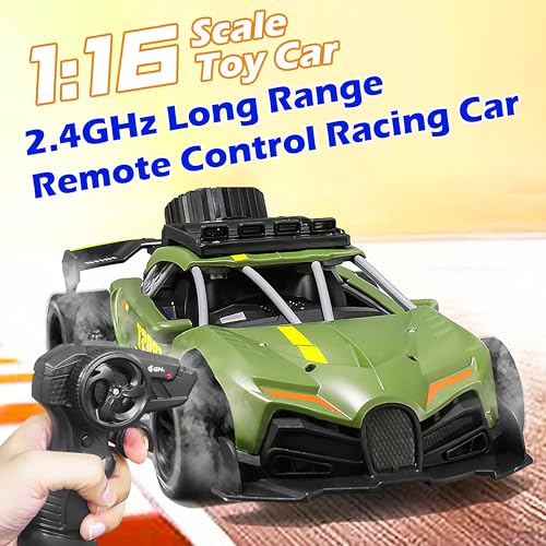 Image of VGRASSP Rechargeable Racing Car Toy for Kids with 2.4 GHz Long Range Remote Control - 1:16 Scale Joystick RC Sports Vehicle (Dark Green)