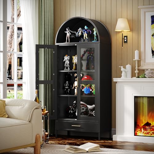 VEXPOR 73" Tall Arched Display Cabinet with Drawer, Metal Arched Bookcase with 2 Adjustable Shelves, Fluted Glass Doors Curio Cabinet for Living Room & Office, Heavy Duty Steel Storage