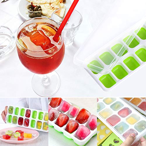 Adoric Ice Cube Trays 3 Pack, Easy-Release Silicone and Flexible 14-Ice Trays with Removable Lid, LFGB Certified and BPA Free, Stackable and Dishwasher Safe (White + Green)