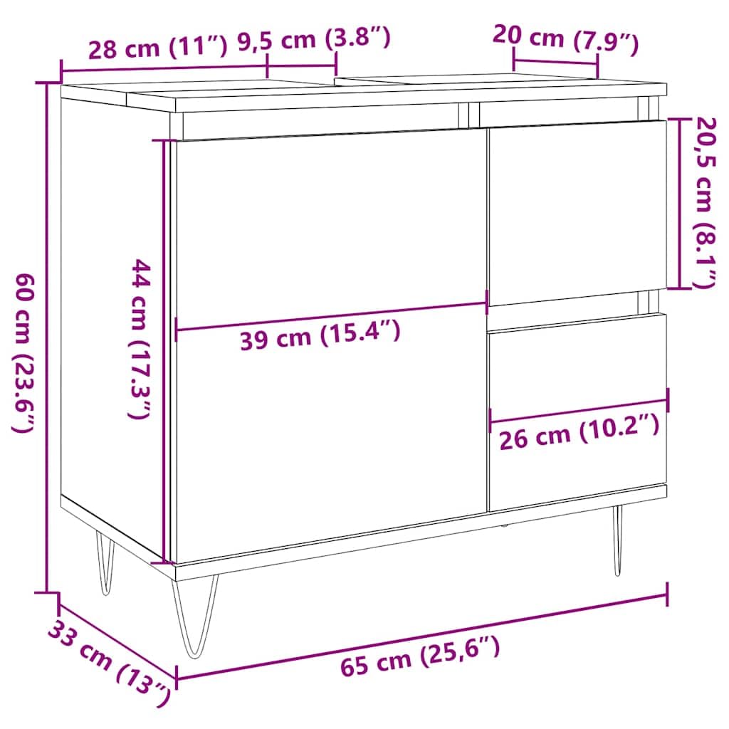 Mobile sottolavabo grigio cemento, 65 x 33 x 60 cm, in legno con gambe in ferro, mobile da bagno impermeabile con spazio per piccoli bagni, pratico set di mobili da bagno, salvaspazio