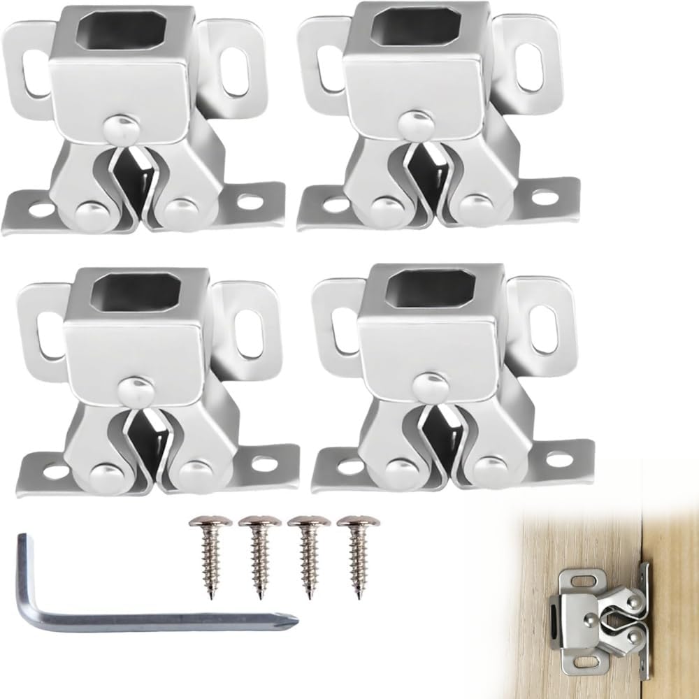 4 Pack Double Roller Cabinet Catch, Heavy Duty Cold Rolled Steel Latch, Silver Zinc Coated Rustproof Quiet Soft Close Hardware with 16 Screws for Kitchen Cupboard Closet Cabinet Door Replacement