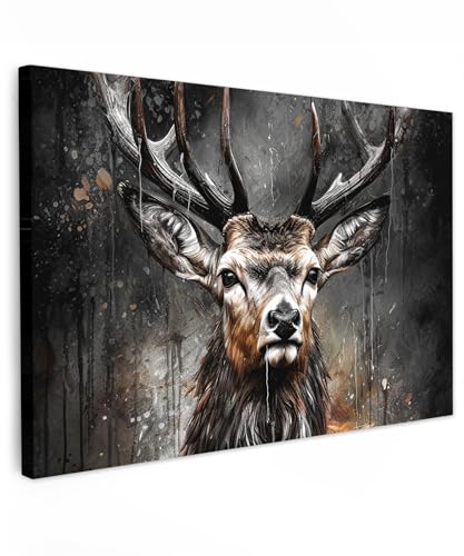 MuchoWow© Impressions sur Toile 120x80 cm Deco Tableau Murale Decoration Salon Peinture Tableaux Chambre Toiles Maison Cerf - Noir - Noir - Abstrait Animal -...