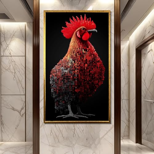 Tableau coq cyberpunk abstrait rouge et noir 40x70cm pour décoration murale