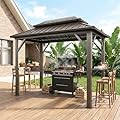 DSNAPE 10' x 6' Grill Gazebo with Double Galvanized Steel Roof, Outdoor Metal BBQ Gazebo Hardtop Permanent Grill Canopy with Side Shelves and Ceiling Hooks for Patio Garden Deck Lawn Backyard (Brown)