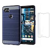 Asuwish Compatible with Google Pixel 2XL Case Tempered Glass Screen Protector Cover and Cell Accessories Slim Silicone Protective Phone Cases for Pixle 2 XL Pixel2XL Pixel2 2LX Carbon Fiber Navy Blue