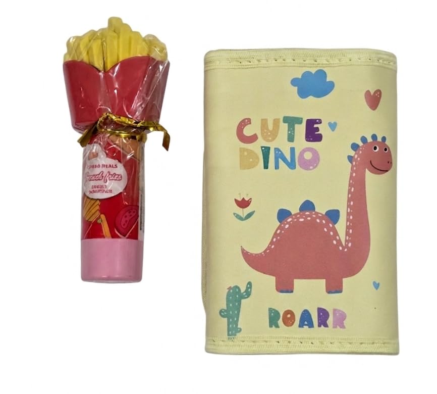 Kids Cute Dino Wallet with French Fries Eraser & Sharpener Set for Boys & Girls | Cartoon Dinosaur Mini Wallet Organizer | Kids School Stationery Gift Set | Yellow Travel Card & Coin Holder-image-20