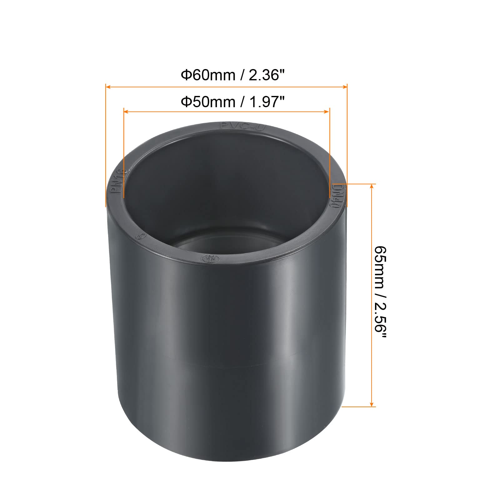 PATIKIL UPVC Pipe Fitting 50mm 1.97 Inch Socket, 2 Pack Straight Coupling Adapter Connector, Dark Grey, Gray - Image 2