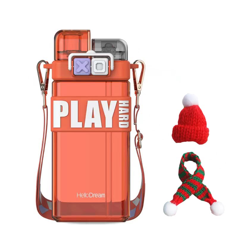 AZSPS 18oz Leak-proof Square Water Bottle with Festive Knit Hat,Scarf Accessories,Spout and Straw,BPA-Free Sports Bottle for School and Outdoor (Red)