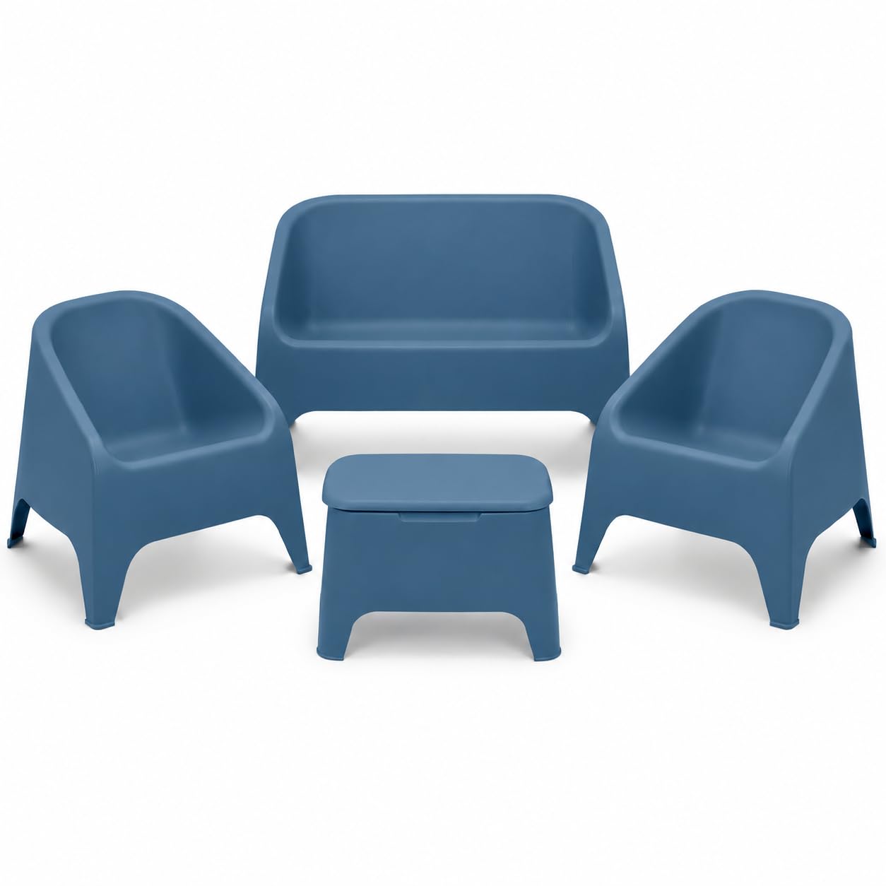 Toomax Kit Divano Matera Sofa + 2 Poltrone Matera + Tavolino Petra Blu Ceruleo, salotto da giardino con divano 2 posti, 2 poltrone e tavolino portaoggetti, in plastica riciclata