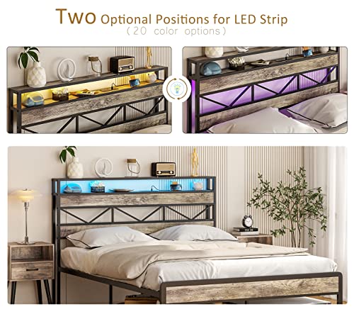 Vabches Led Bed Frame Queen Size With Headboard Storage, Platform Bed With Charging Station, Metal Bed Frame Platform Bed Frame, 2-Tier Storage, Noise Free, Wash Grey(Queen) #TOP4