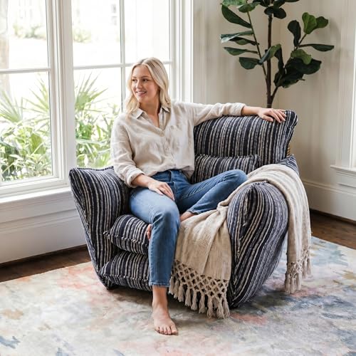 Image of Chenille Accent Chair with Lumbar Pillow, Blue Stripe, Wide Armrests, Deep Seat, 7 Inch High-Density Foam, 350 lbs Capacity