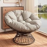 Oversized Papasan Chair with Adujusble Base, Boho Reading Nook Chair with Thick Cushion for Adults Bedroom Living Room, 360 Swivel (Beige+Brown, 41.5')