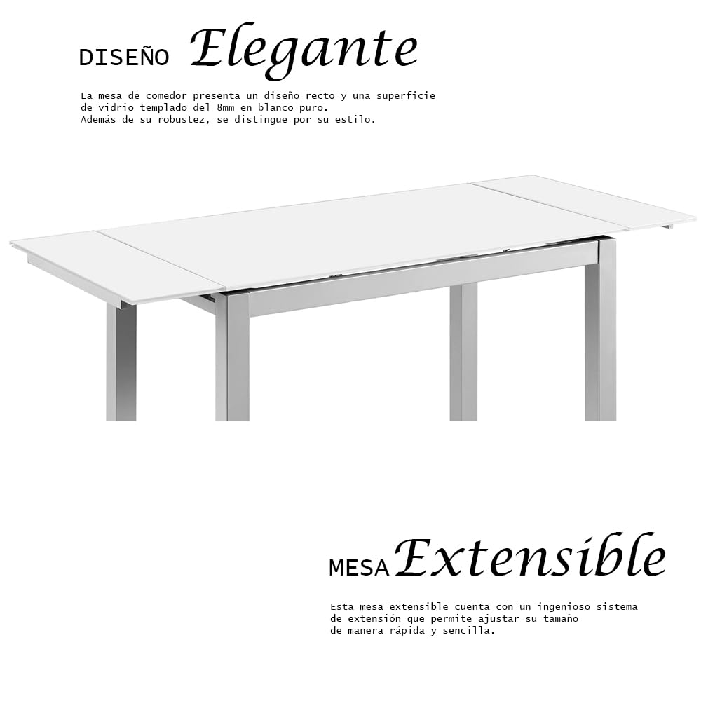 MOMMA HOME - Tavolo da Cucina Allungabile - Modello Calcuta - Bianco - Dimensioni 100/140 x 60 x 76 cm - Materiale in Vetro Temperato - Struttura in Metallo