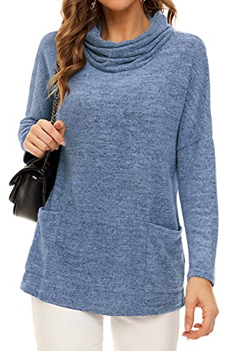 Neineiwu Women's Fall Long Sleeve Cowl Neck Loose Casual Pullover Tunic Tops (Small Blue) #TOP1