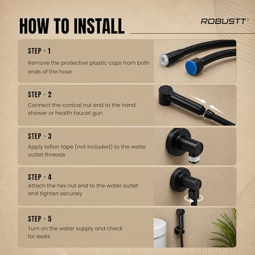 Image of Robustt Premium 304 Stainless Steel Jet Spray Hose Pipe for Toilet (Black), 1.2m Flexible Hose Pipe with Anti Corrosion Finish, Hand Shower Pipe, Universal G1 /2 Fittings, High Pressure Faucet Pipe