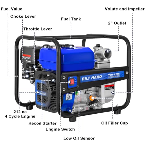 BILT HARD Semi Trash Pump 2 inch, 158 GPM 7HP Gas Powered Water Pump, 212cc 4-Cycle Engine with 50 ft Discharge Hose, 12 ft Suction Hose and Complete Fittings, EPA Certified