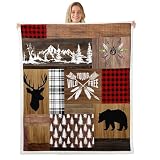 Retro Cabin Fleece Blanket Rustic Adventure Bear Deer Sherpa Blanket Hunting Wildlife Wild Animal...