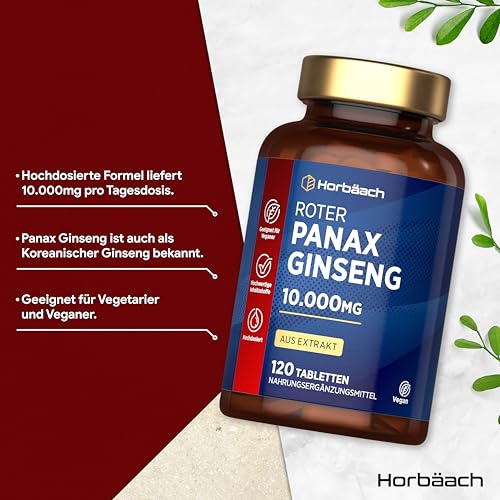 Panax Ginseng Extrakt 10.000mg | 120 Korean Ginseng Tabletten | Vegane | Hochdosierte Ginsenoside | Horbaach – Bild 3